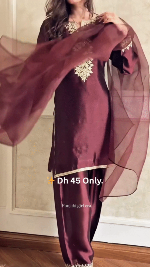 👑 Maroon Silk Suit with Golden Embroidery – Dh 45 Only - Image 3