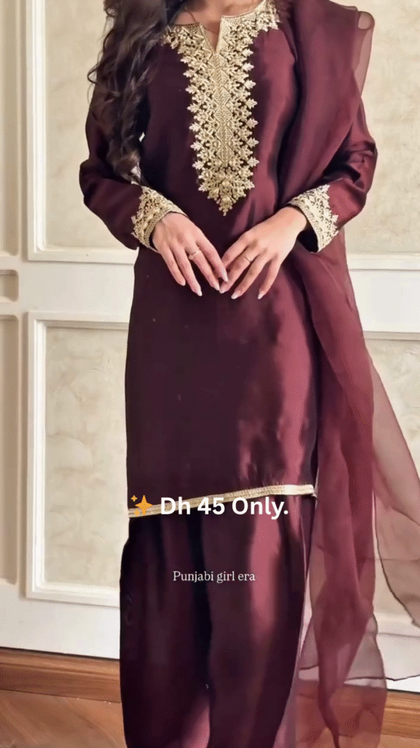 👑 Maroon Silk Suit with Golden Embroidery – Dh 45 Only