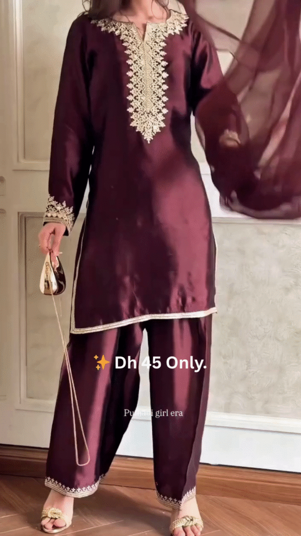 👑 Maroon Silk Suit with Golden Embroidery – Dh 45 Only - Image 4