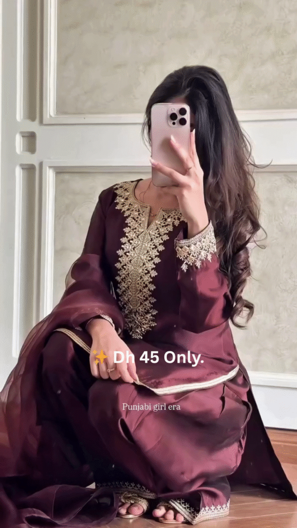 👑 Maroon Silk Suit with Golden Embroidery – Dh 45 Only - Image 5