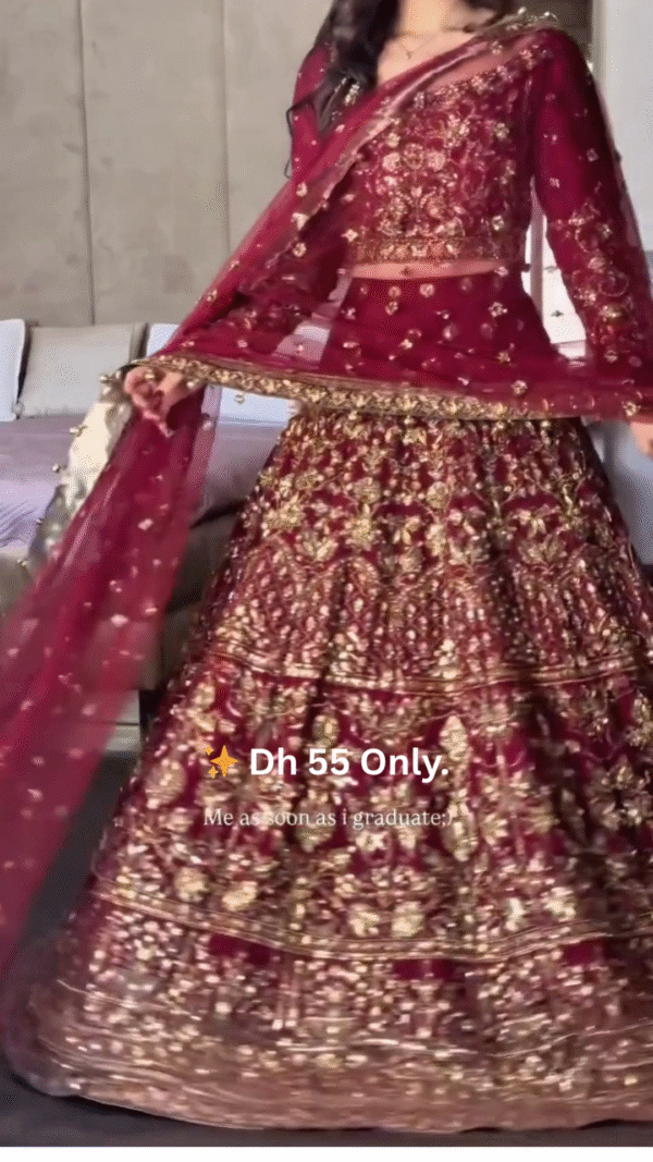 ✨ Elegant Maroon & Gold Embroidered Bridal Lehenga Set - Image 2