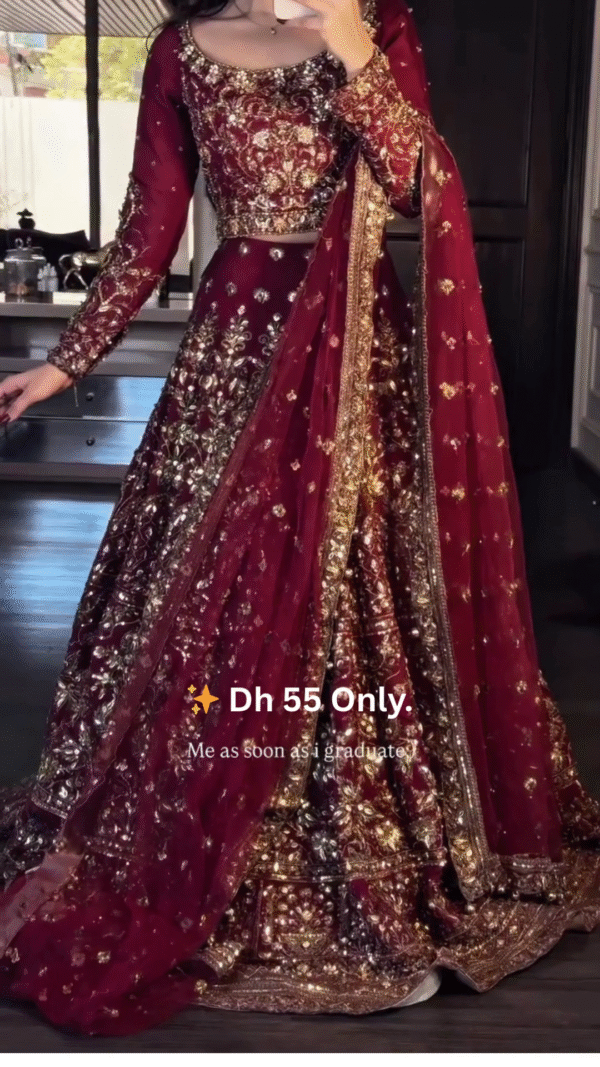 ✨ Elegant Maroon & Gold Embroidered Bridal Lehenga Set - Image 3