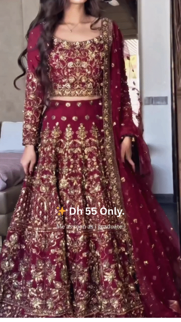 ✨ Elegant Maroon & Gold Embroidered Bridal Lehenga Set