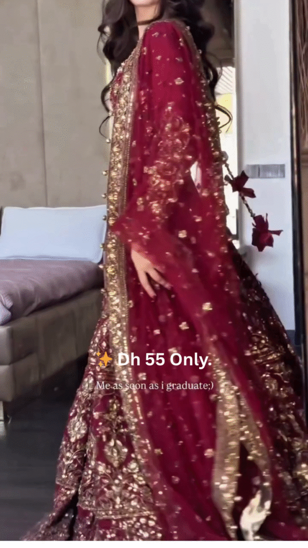 ✨ Elegant Maroon & Gold Embroidered Bridal Lehenga Set - Image 4