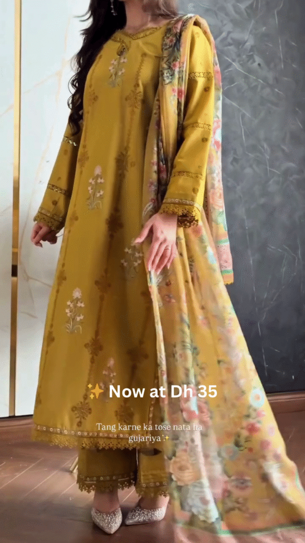 💛Mustard Yellow Floral Printed Lawn Suit with Dupatta - Image 4
