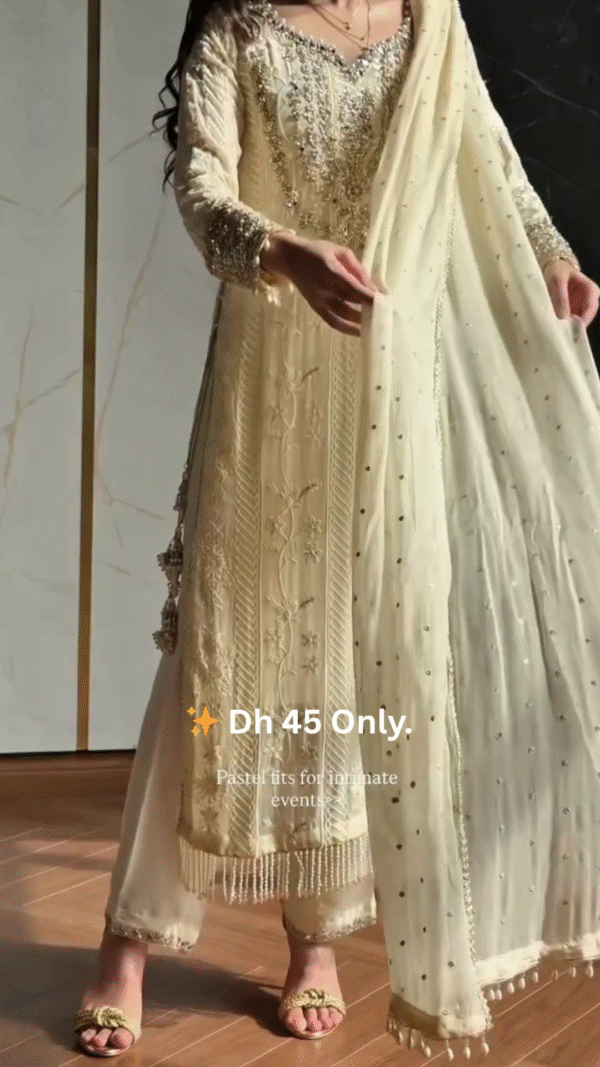 ✨ Pastel Gold Embroidered Long Suit – Dh 45 Only - Image 2