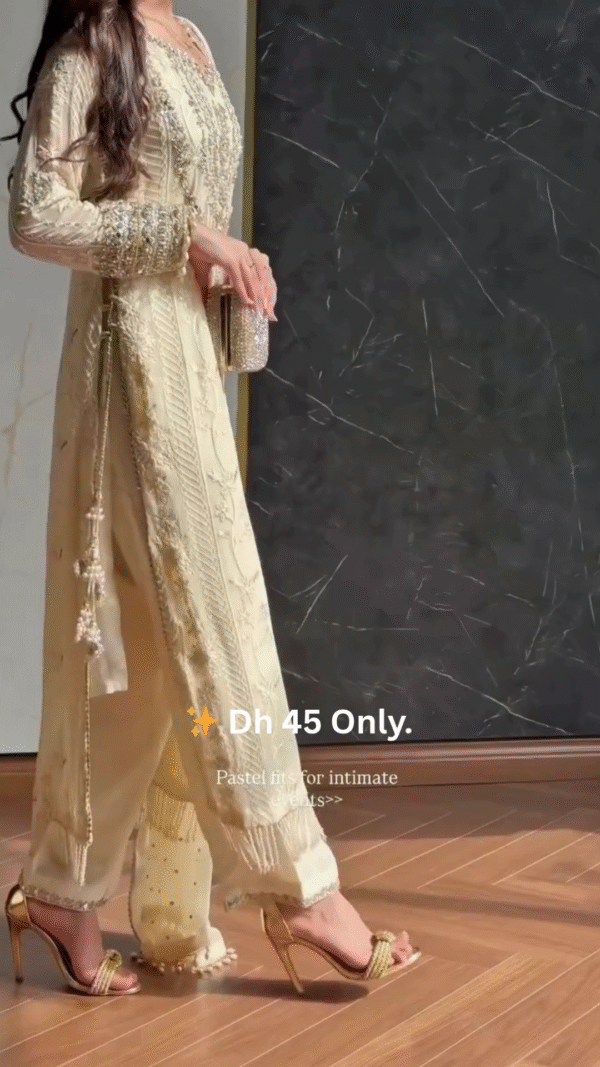 ✨ Pastel Gold Embroidered Long Suit – Dh 45 Only - Image 3