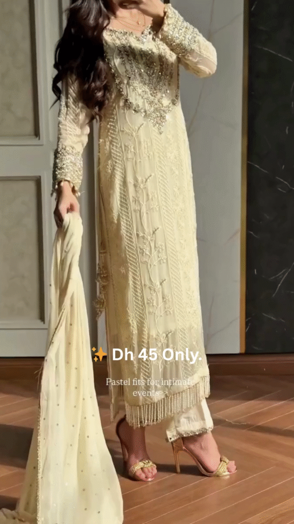 ✨ Pastel Gold Embroidered Long Suit – Dh 45 Only - Image 4