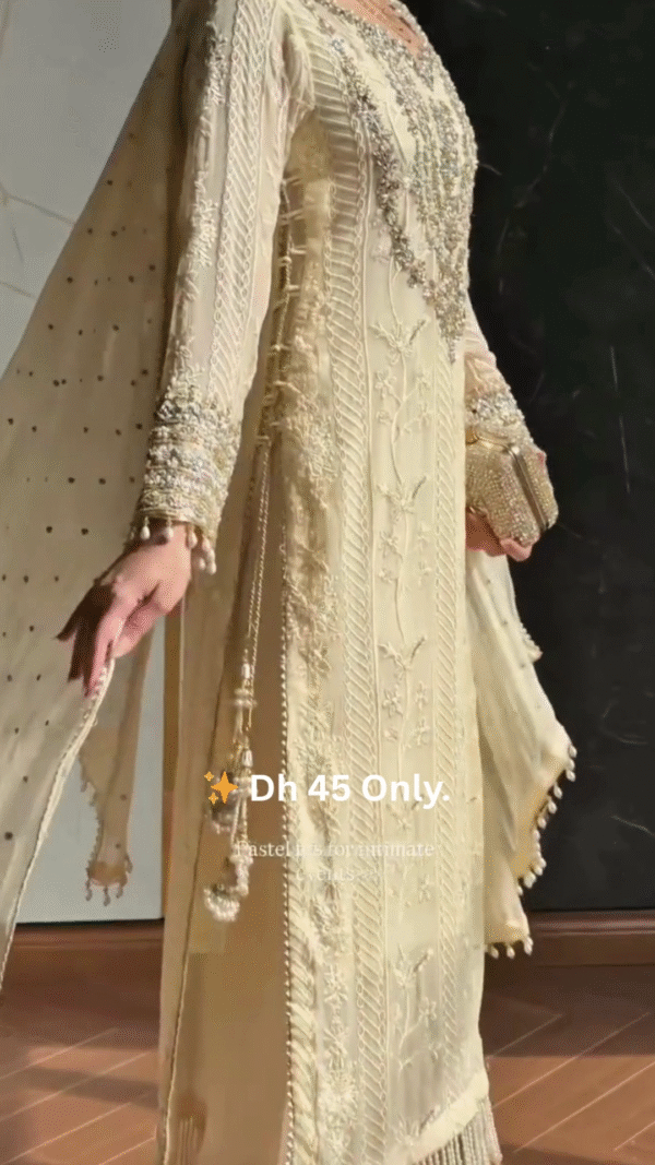 ✨ Pastel Gold Embroidered Long Suit – Dh 45 Only - Image 5