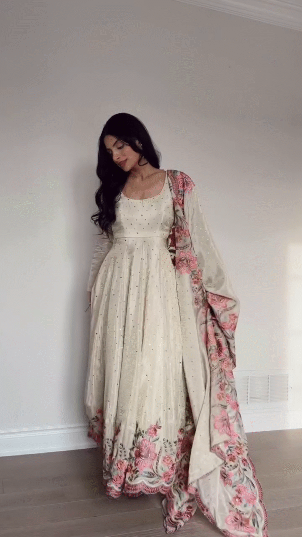 🌸 Ivory Elegance – Floral Embroidered Anarkali with Dupatta ✨💮 - Image 3