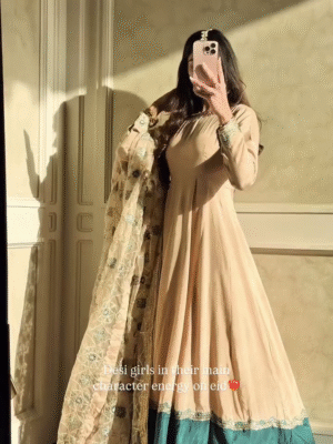 🌟 Chic & Classic – Embroidered Beige Anarkali with Festive Dupatta 💮🌿