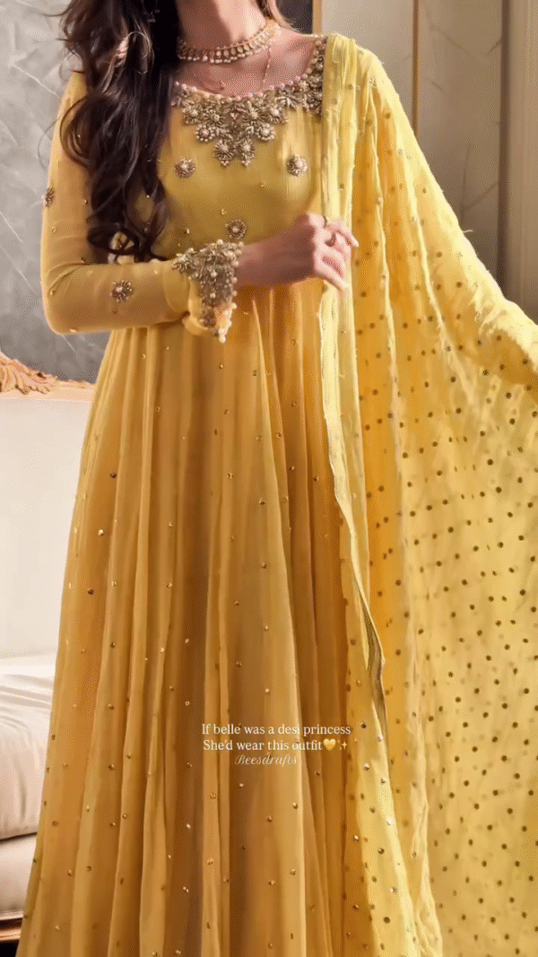 🌼 Sunshine Princess – Golden Yellow Anarkali with Embellished Dupatta ✨👑 - Image 3