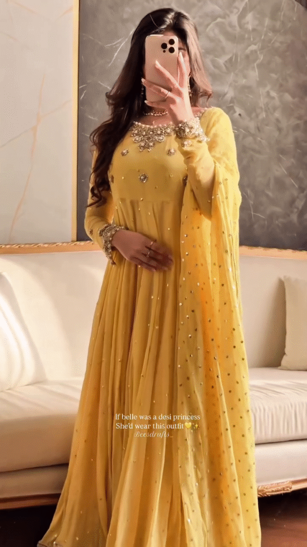 🌼 Sunshine Princess – Golden Yellow Anarkali with Embellished Dupatta ✨👑