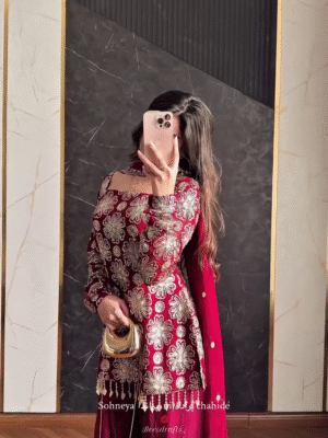 💕 Regal Charm – Maroon Sharara Set with Golden Floral Work 🌹