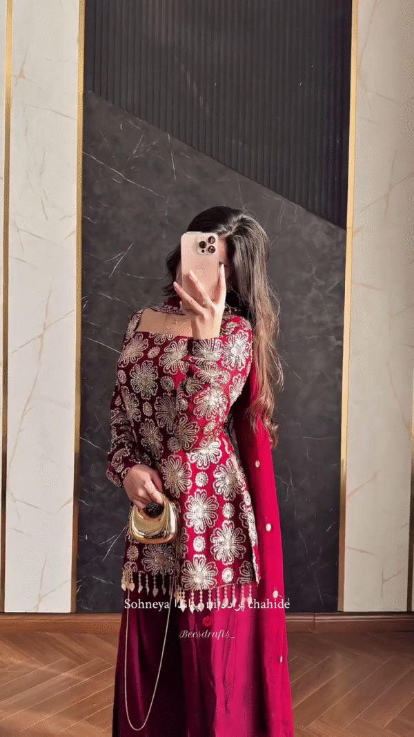 💕 Regal Charm – Maroon Sharara Set with Golden Floral Work 🌹