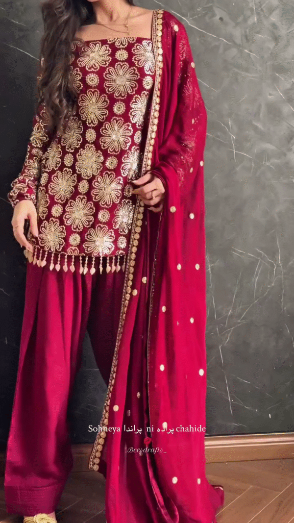 💕 Regal Charm – Maroon Sharara Set with Golden Floral Work 🌹 - Image 2
