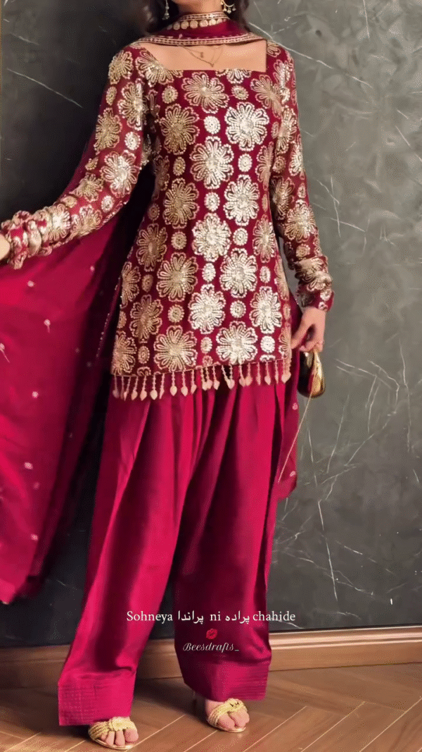 💕 Regal Charm – Maroon Sharara Set with Golden Floral Work 🌹 - Image 3