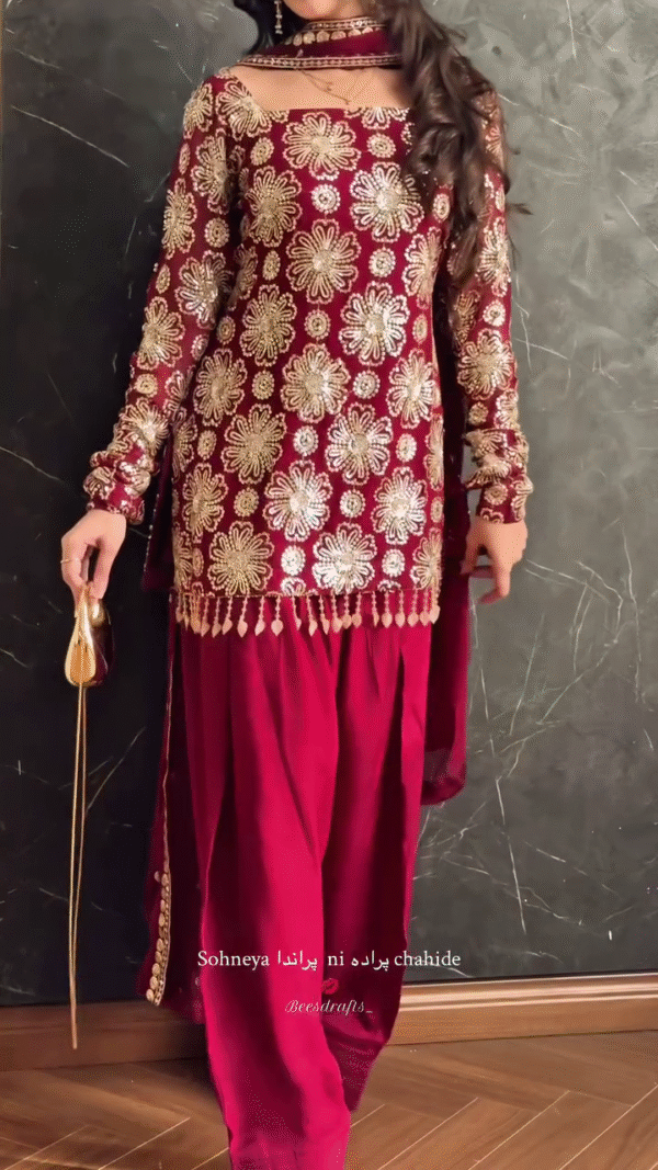 💕 Regal Charm – Maroon Sharara Set with Golden Floral Work 🌹 - Image 4
