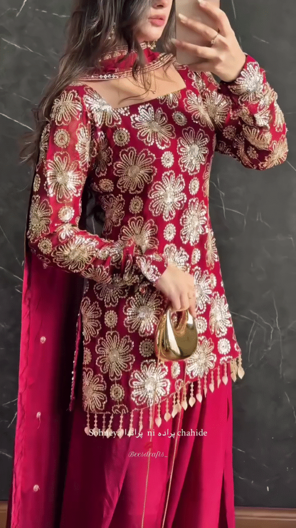 💕 Regal Charm – Maroon Sharara Set with Golden Floral Work 🌹 - Image 5