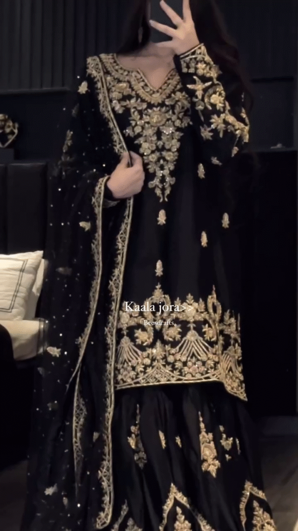 🖤 Regal Beauty – Designer Black Outfit with Golden Detailing 👗✨ - Image 2