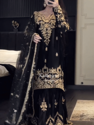 🖤 Regal Beauty – Designer Black Outfit with Golden Detailing 👗✨