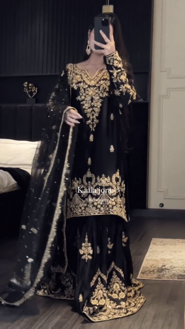 🖤 Regal Beauty – Designer Black Outfit with Golden Detailing 👗✨