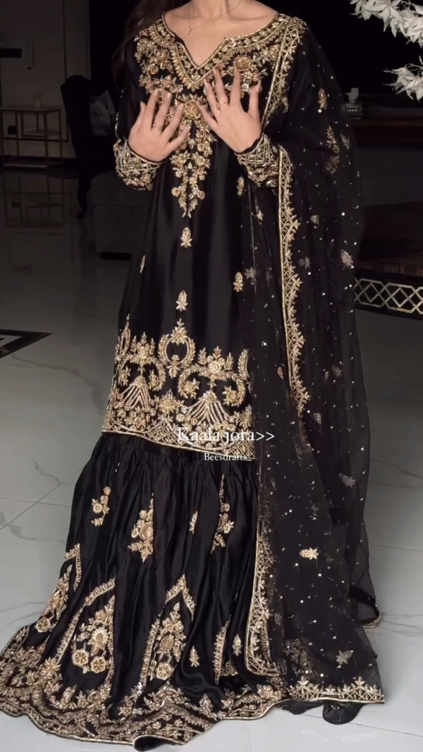 🖤 Regal Beauty – Designer Black Outfit with Golden Detailing 👗✨ - Image 4