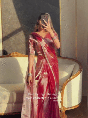 ✨ Festive Glow – Designer Red Silk Saree with Subtle Shine 👑🌼