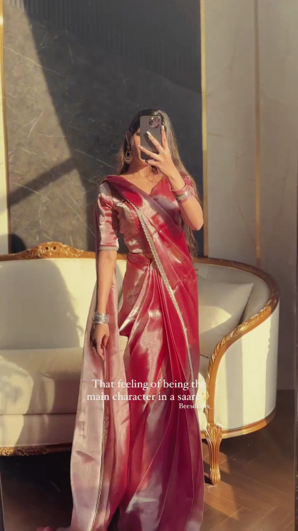 ✨ Festive Glow – Designer Red Silk Saree with Subtle Shine 👑🌼