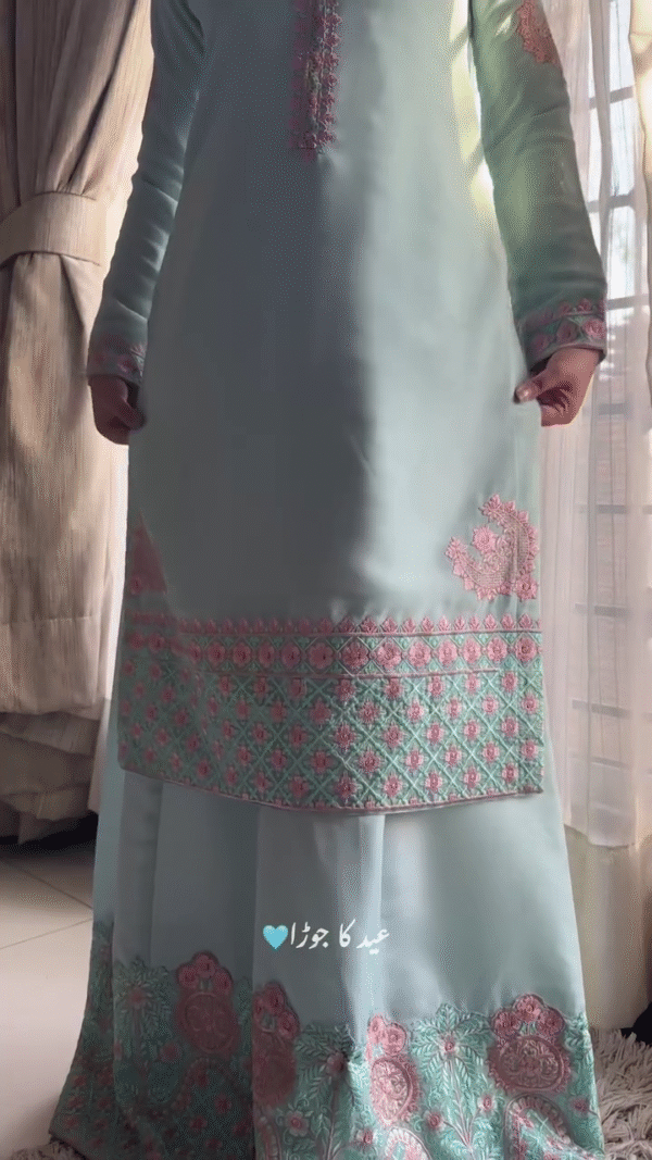 🌸 Pastel Perfection – Mint Green Embroidered Suit with Floral Detailing 💕 - Image 5