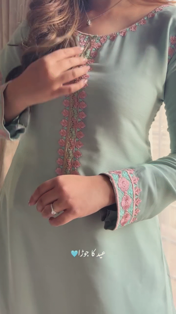 🌸 Pastel Perfection – Mint Green Embroidered Suit with Floral Detailing 💕 - Image 2