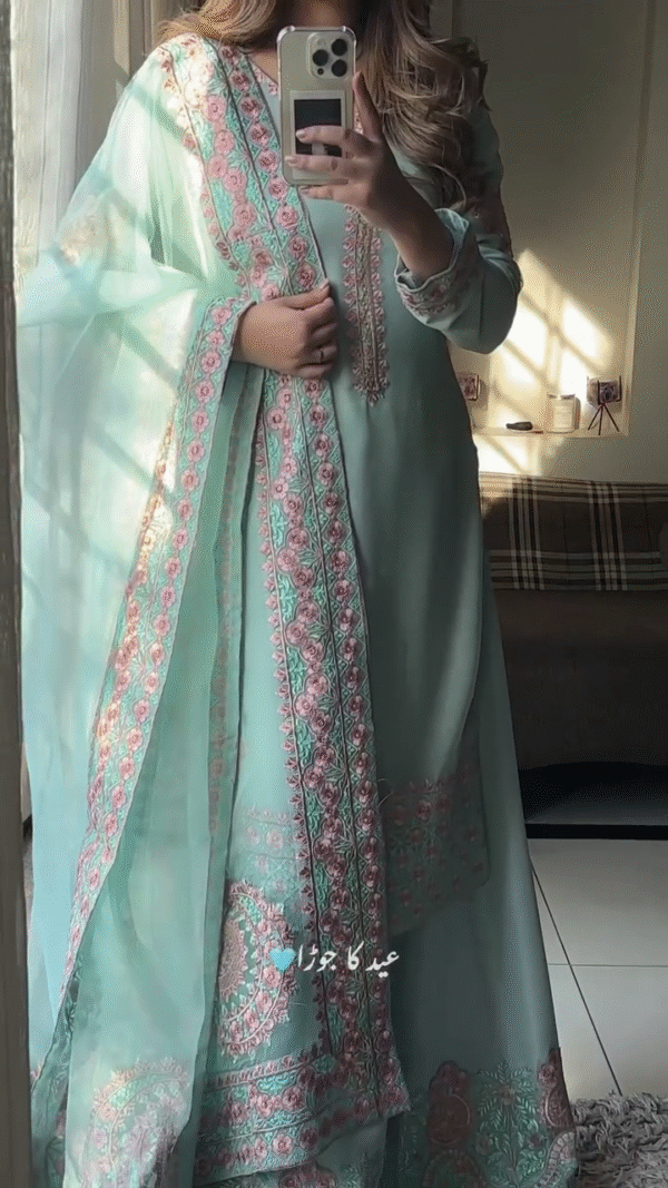 🌸 Pastel Perfection – Mint Green Embroidered Suit with Floral Detailing 💕 - Image 4