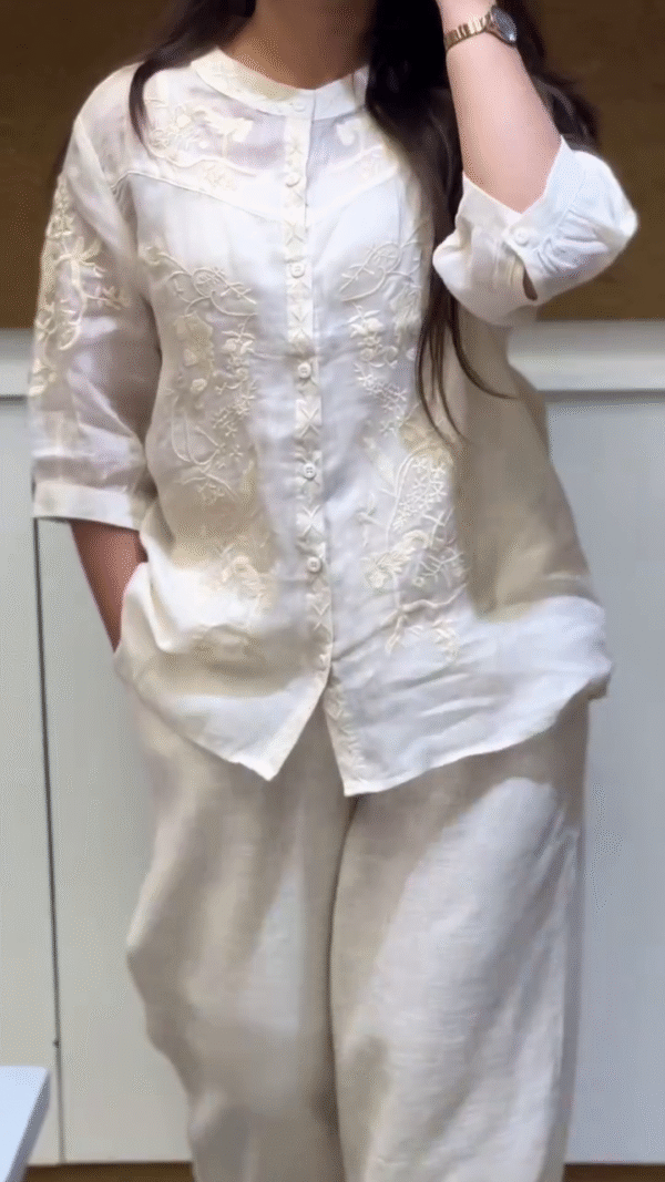 🤍 Effortless Elegance – White Linen Co-ord with Intricate Embroidery ✨ - Image 3