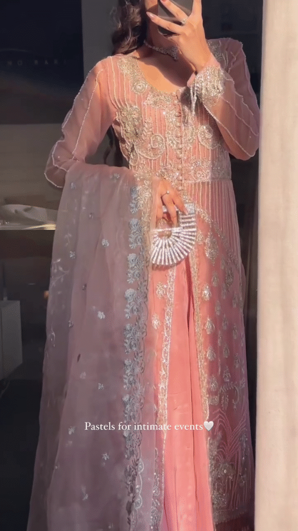 💕 Pastel Perfection – Peach-Pink Formal Dress with Silver Work - Image 6