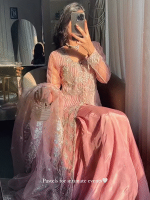 💕 Pastel Perfection – Peach-Pink Formal Dress with Silver Work
