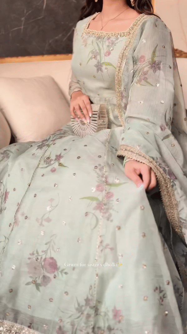🌸 Garden Bloom – Soft Green Suit with Floral Prints & Sequin Highlights - Image 2
