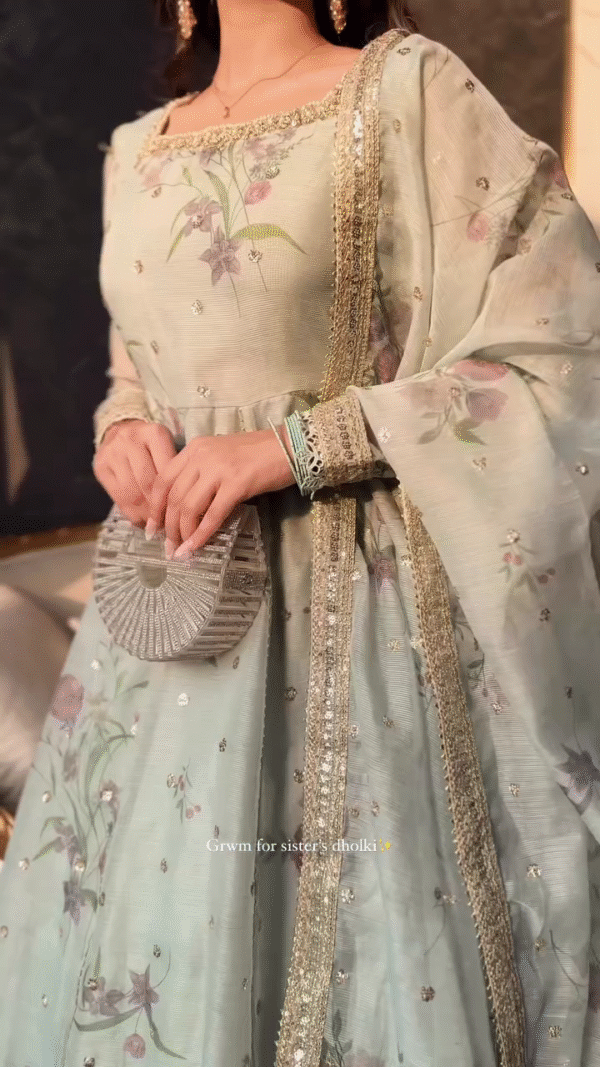 🌸 Garden Bloom – Soft Green Suit with Floral Prints & Sequin Highlights - Image 7