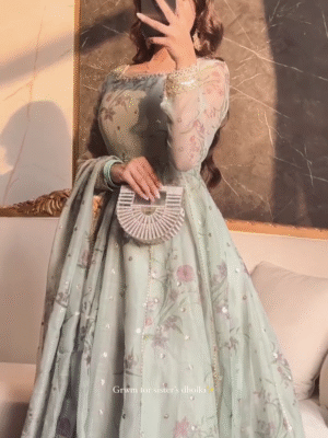 🌸 Garden Bloom – Soft Green Suit with Floral Prints & Sequin Highlights