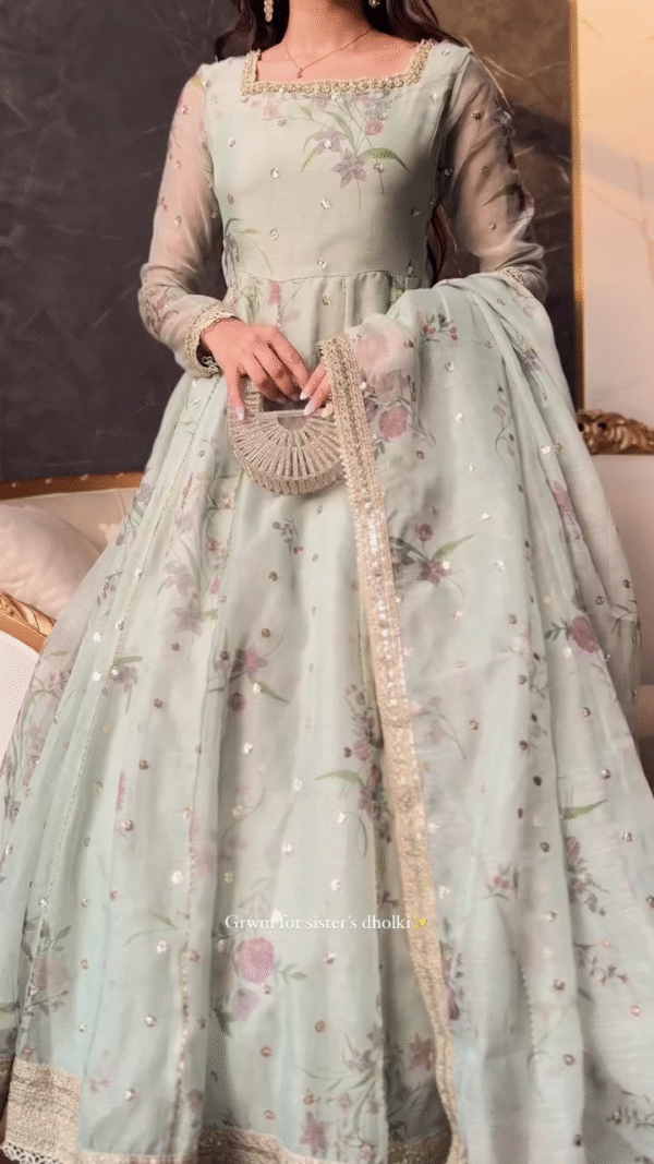 🌸 Garden Bloom – Soft Green Suit with Floral Prints & Sequin Highlights - Image 5