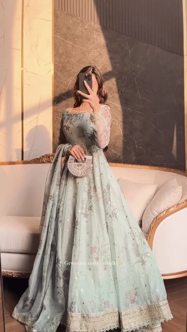 🌸 Garden Bloom – Soft Green Suit with Floral Prints & Sequin Highlights - Image 3