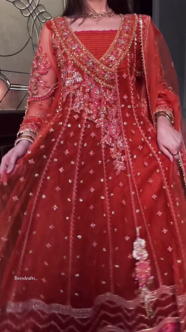 ❤️ The Queen’s Elegance – Red Anarkali with Exquisite Thread & Sequin Work - Image 2