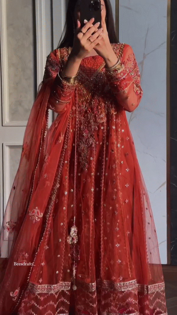 ❤️ The Queen’s Elegance – Red Anarkali with Exquisite Thread & Sequin Work - Image 6