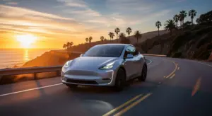 2025 Tesla Affordable Model Y driving on a California coastal highway at sunset