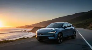 2025 Volvo EX30 Single Motor EV parked on a California highway at sunrise