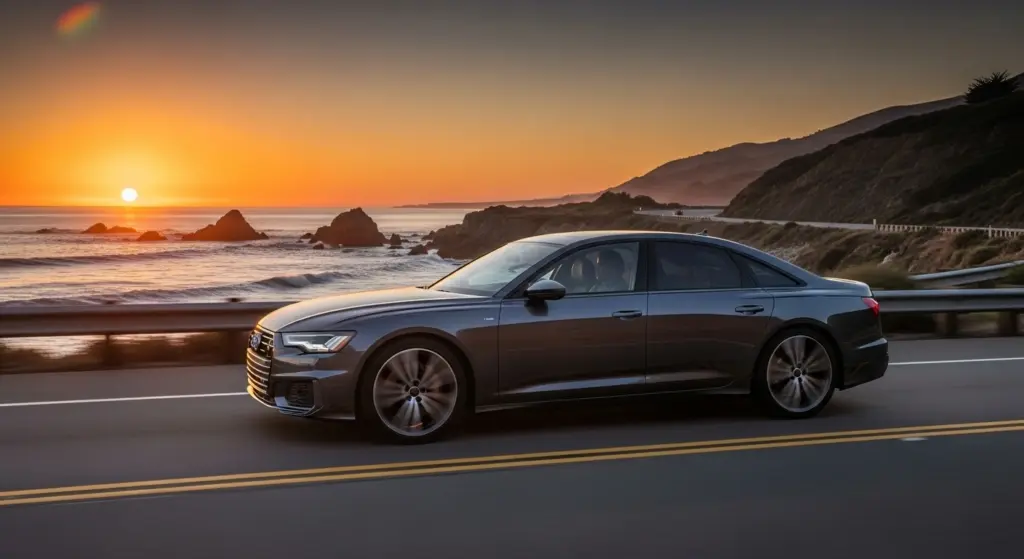 2026 Audi A6 in motion on U.S. highway highlighting its new V6 performance and refined chassis
