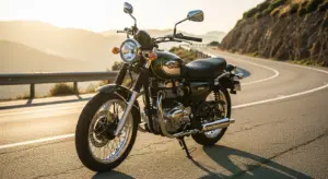 2026 Kawasaki W230 in Metallic Matte Dark Green parked on a scenic road during sunset