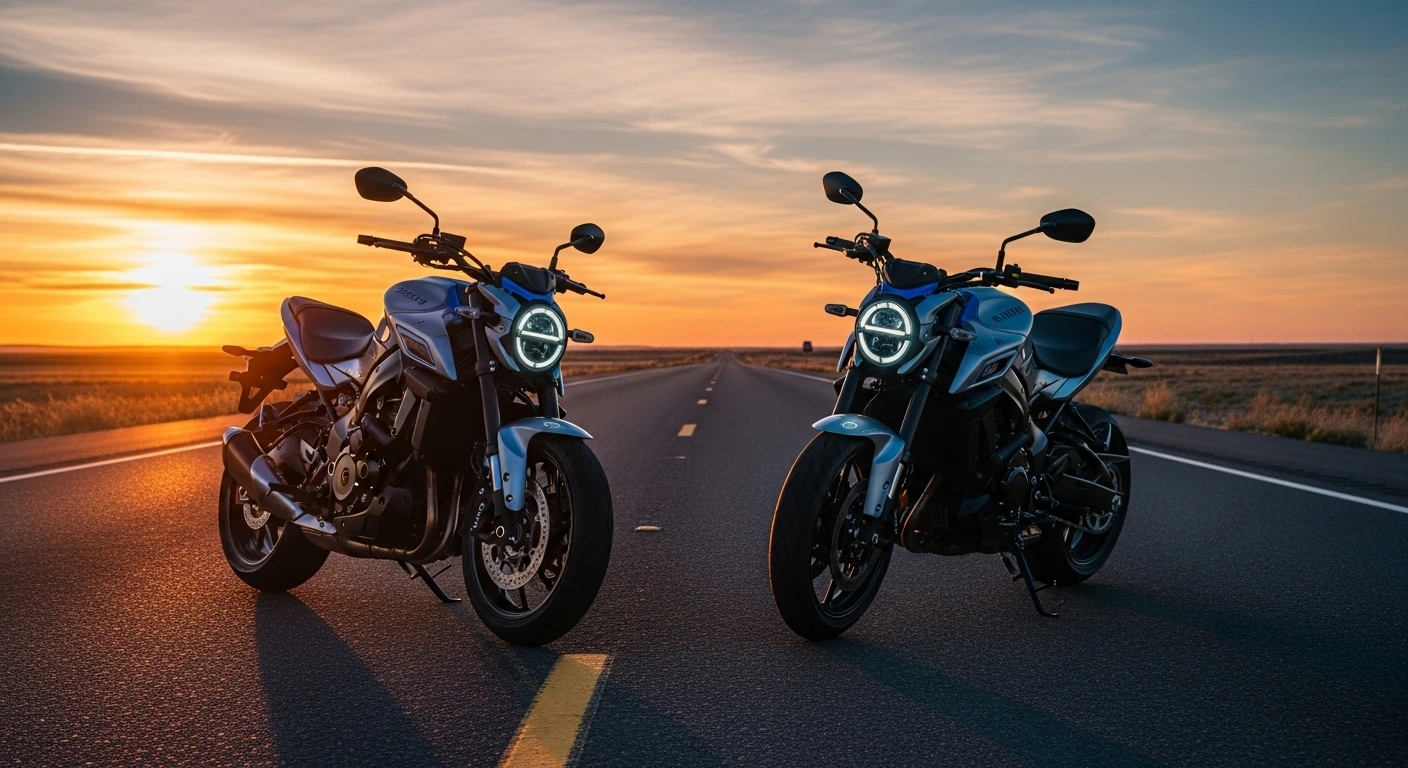 2026 Suzuki GSX-8T and GSX-8TT parked on a scenic highway showcasing retro design and modern power