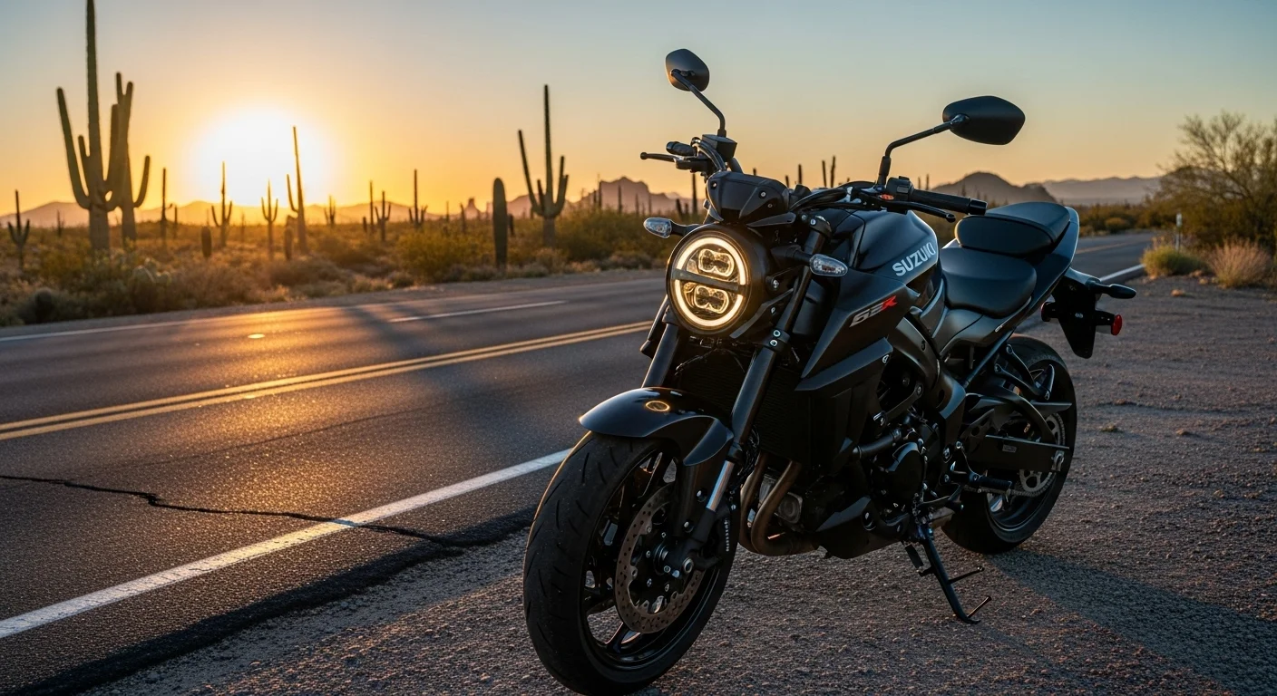2026 Suzuki GSX-8T in Metallic Black on an open highway during sunset showcasing its retro-modern design.