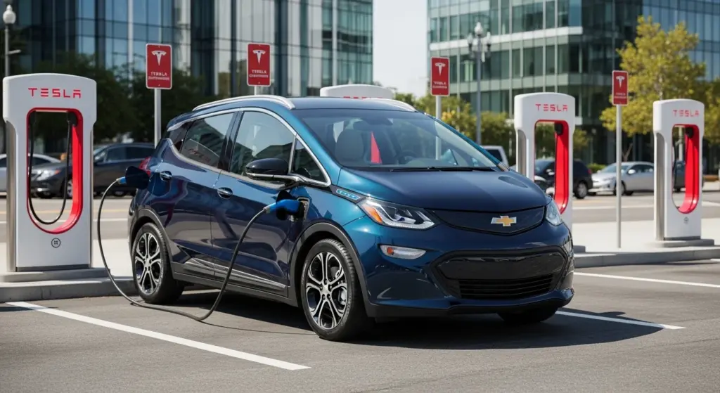 2027 Chevrolet Bolt charging at a Tesla Supercharger station