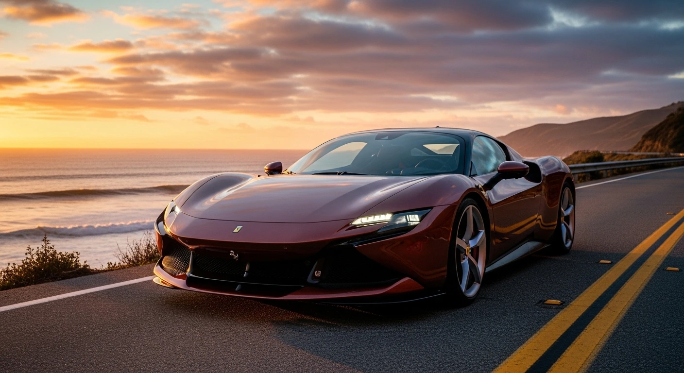 A high-resolution cinematic shot of the Ferrari Elettrica 2026 electric supercar parked on a scenic coastal road in California at sunset, highlighting its aerodynamic body, glowing headlights, and the
